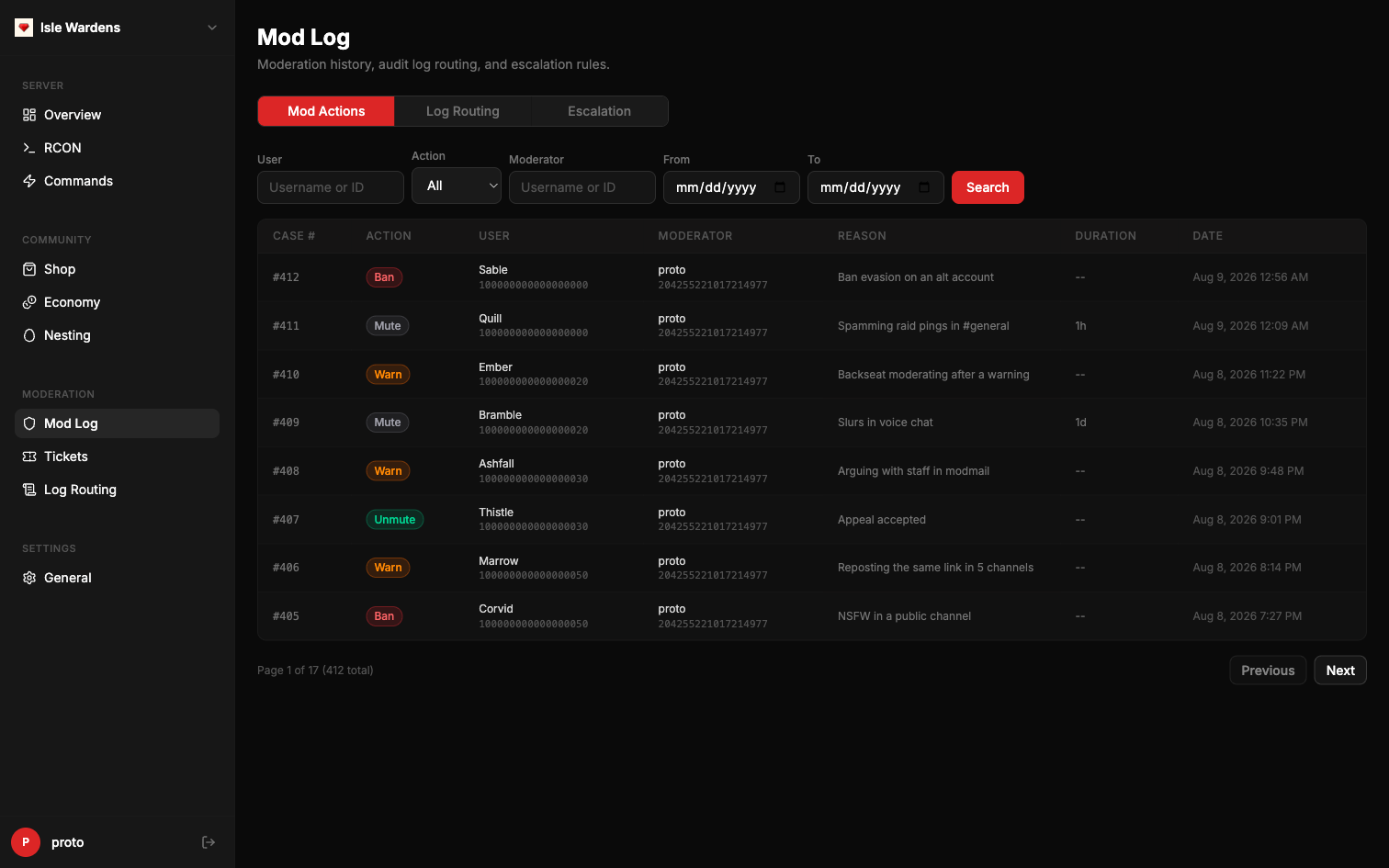 Ruby's moderation log: numbered cases showing bans, mutes and warnings with the moderator, reason, duration and date for each, above filter controls and pagination.