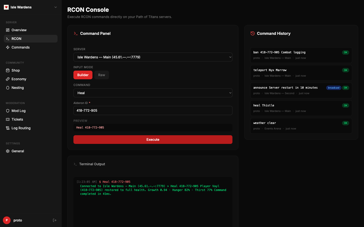 Ruby's RCON console: a command panel targeting a Path of Titans server, command history showing recent bans and broadcasts, and terminal output returned by the server.